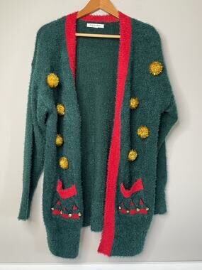 99 Jane Street Women’s S Ugly Christmas Cardigan Green Pom Poms Jingle Bells